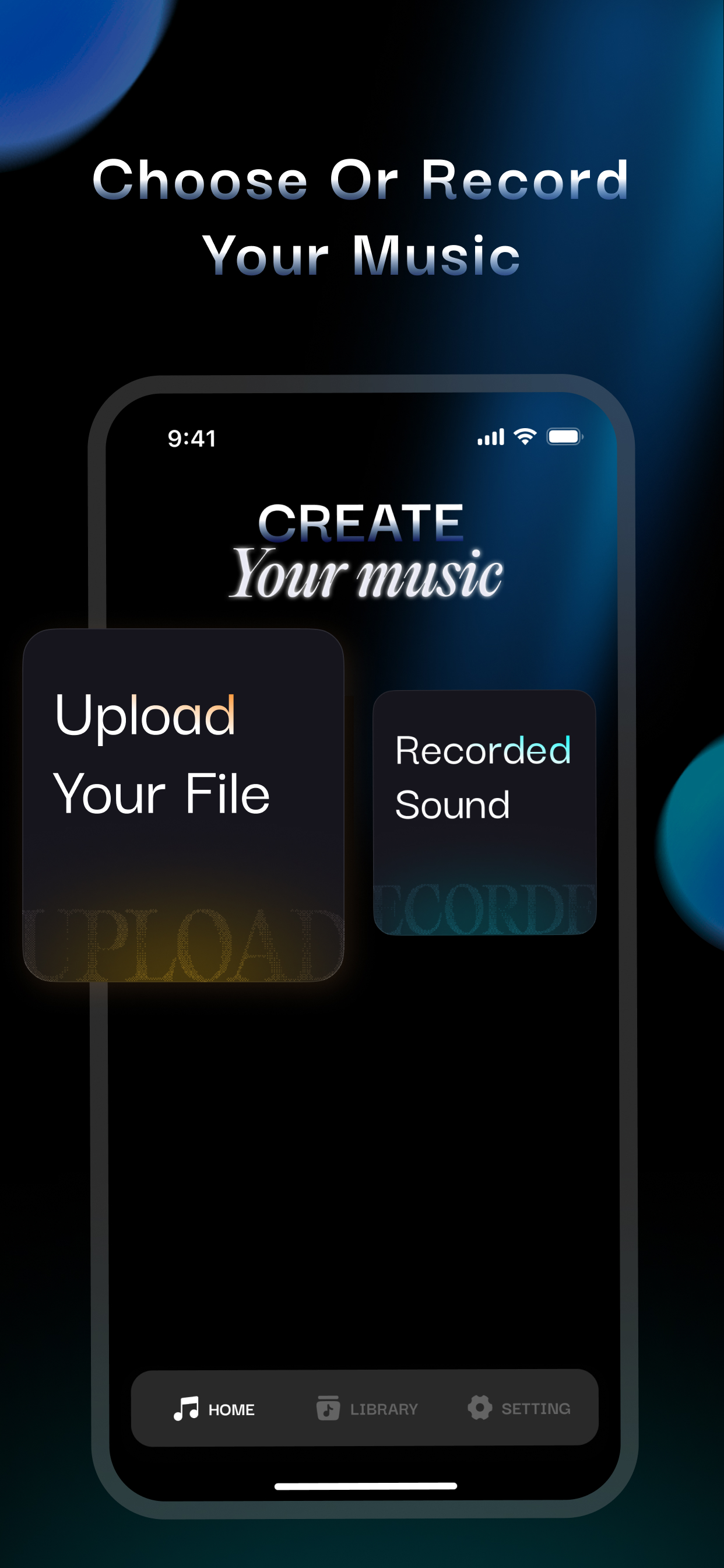 Melody Tunes app showing upload file and recorded sound options