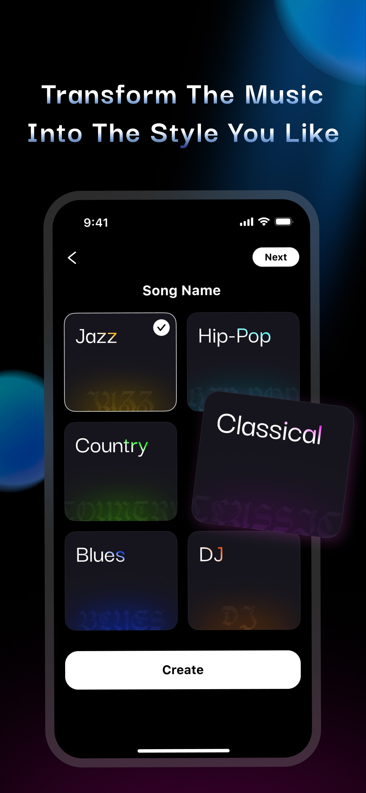 Music style selection screen showing Jazz, Hip-Hop, Country, Classical, Blues, and DJ options