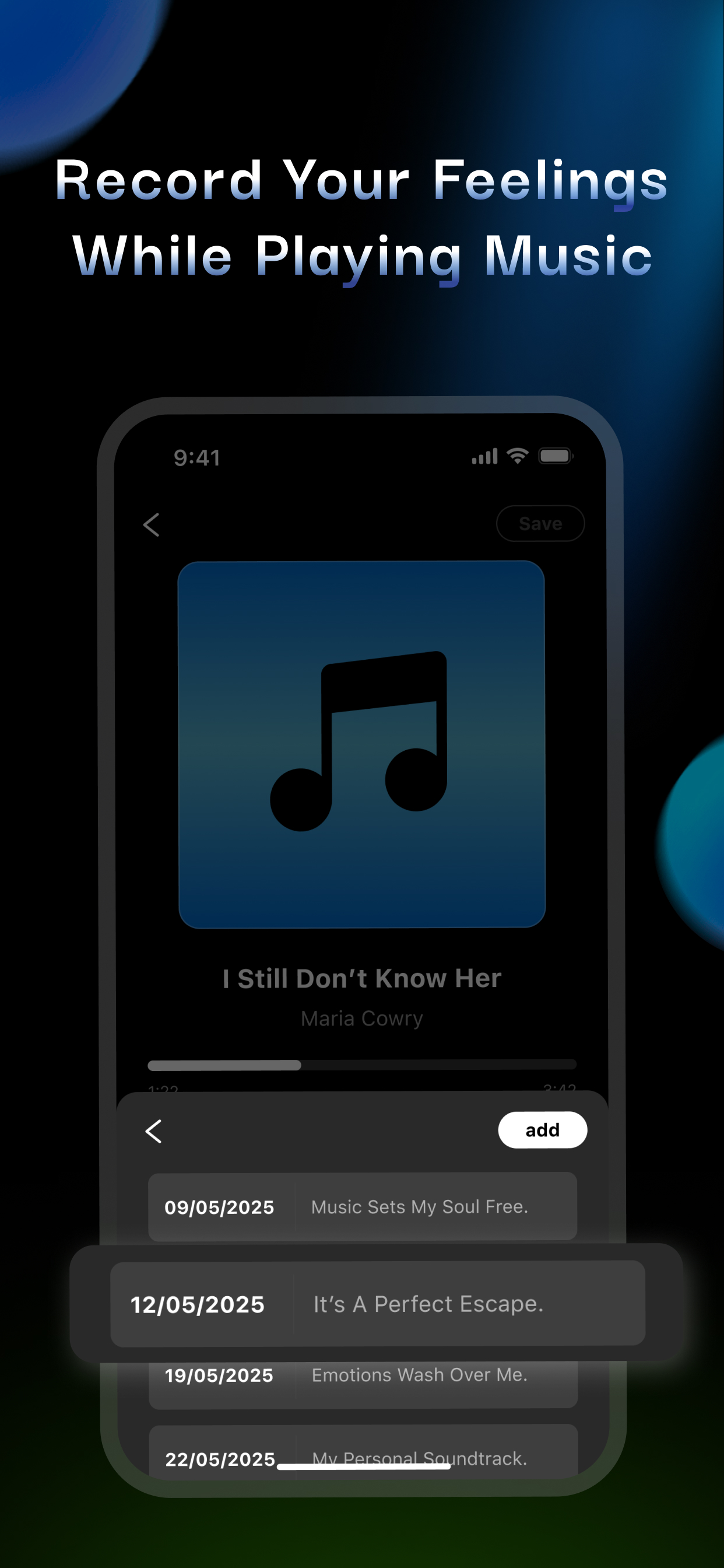 Music player with timestamped feeling notes and memories