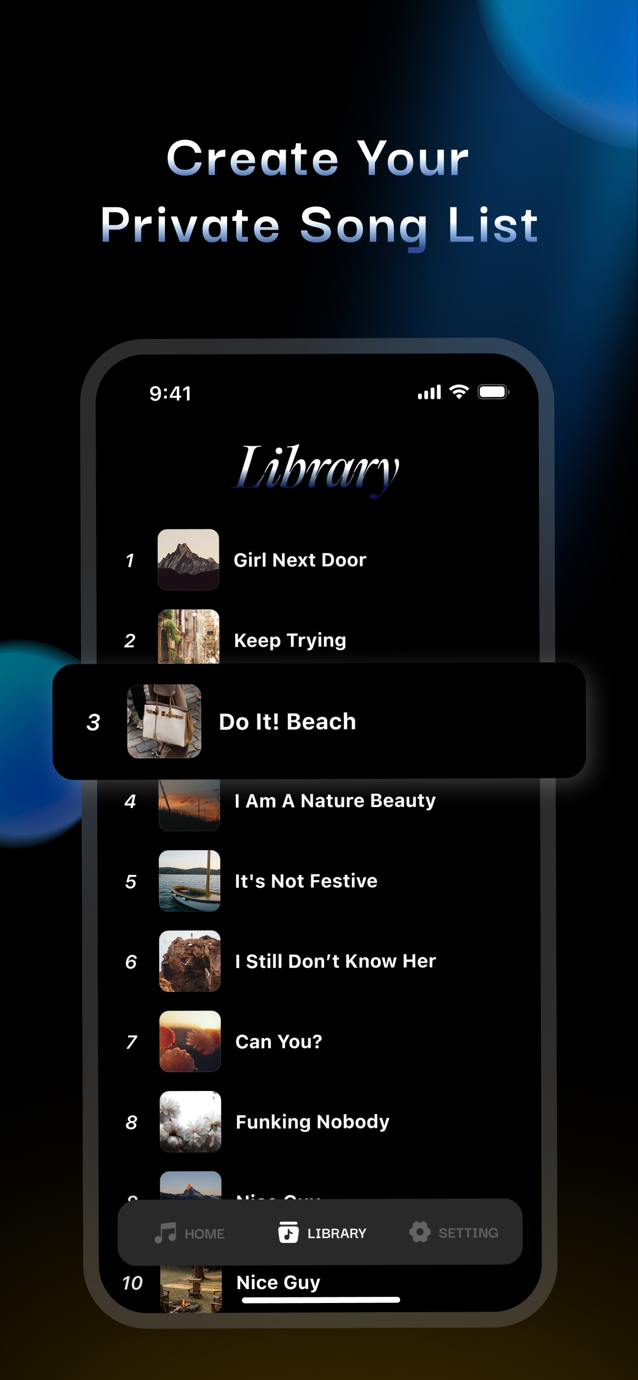 Melody Tunes library showing personal song collection